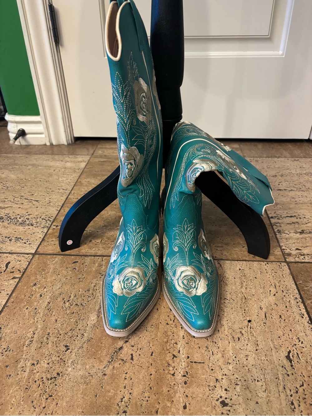 Mi.iM Teal Western Ankle Boots with Silver Rose Embroidery